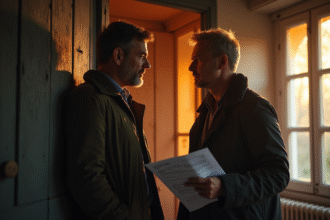 Propriétaire et locataire discutant devant une porte incendiée