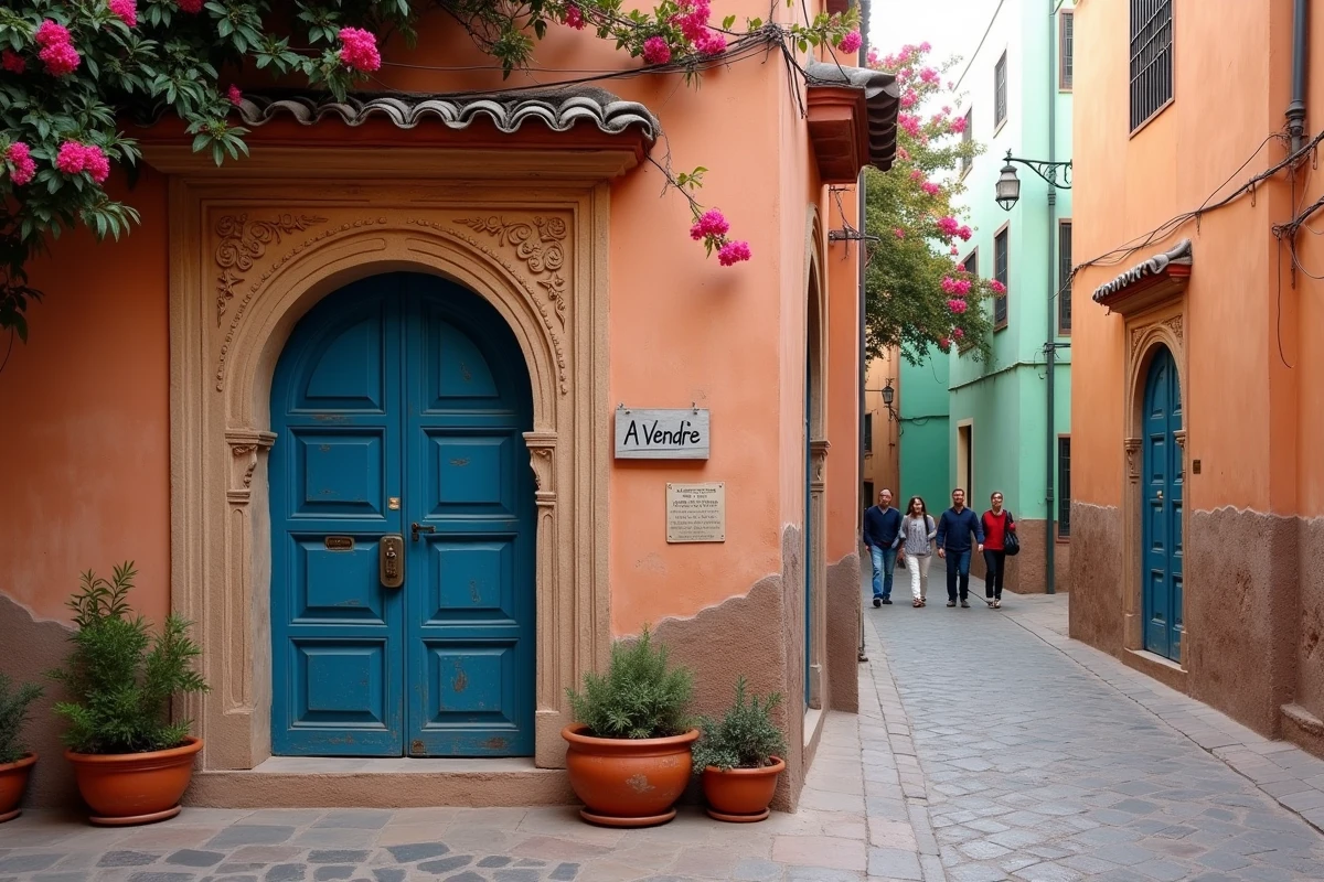 Façade d'une maison à vendre dans la médina de Marrakech avec panneau A Vendre et porte en bois sculpté bleu