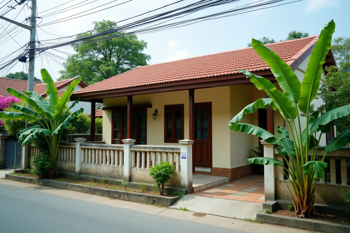 Petite maison thaïlandaise abordable avec terrasse en bois et jardin tropical dans un quartier résidentiel calme