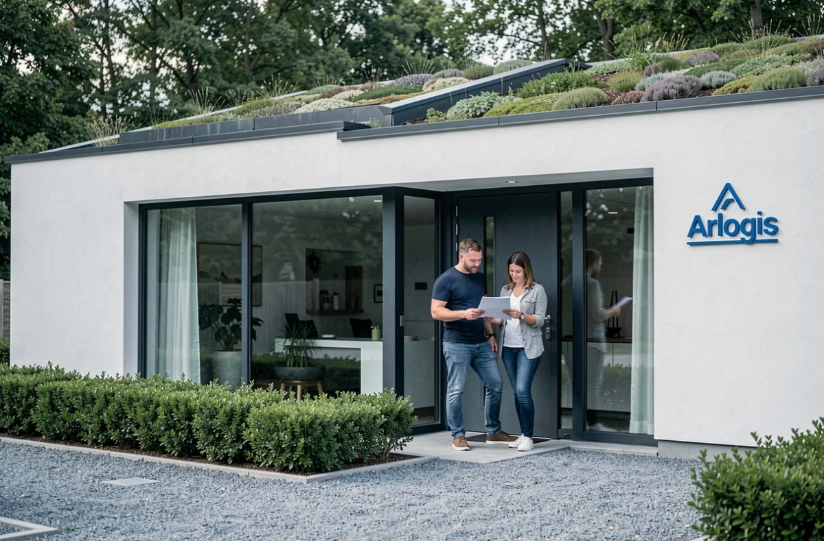 Maison contemporaine construite par Arlogis dans le Bas-Rhin avec toiture végétalisée et grandes baies vitrées