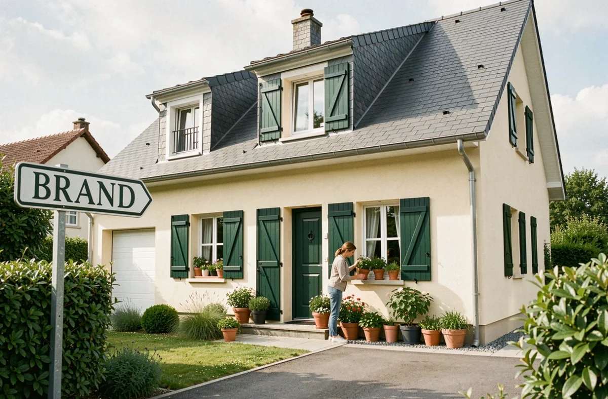 Maison individuelle construite par Maisons Brand dans le Bas-Rhin avec toiture en ardoise et volets en bois vert