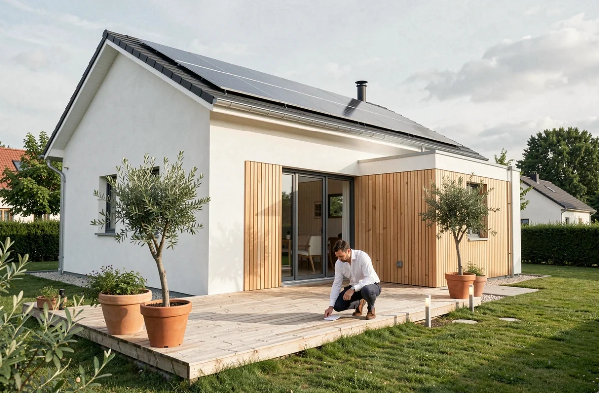 Maison individuelle moderne et économe en énergie construite par Maisons Créa dans le Bas-Rhin avec panneaux solaires et terrasse bois