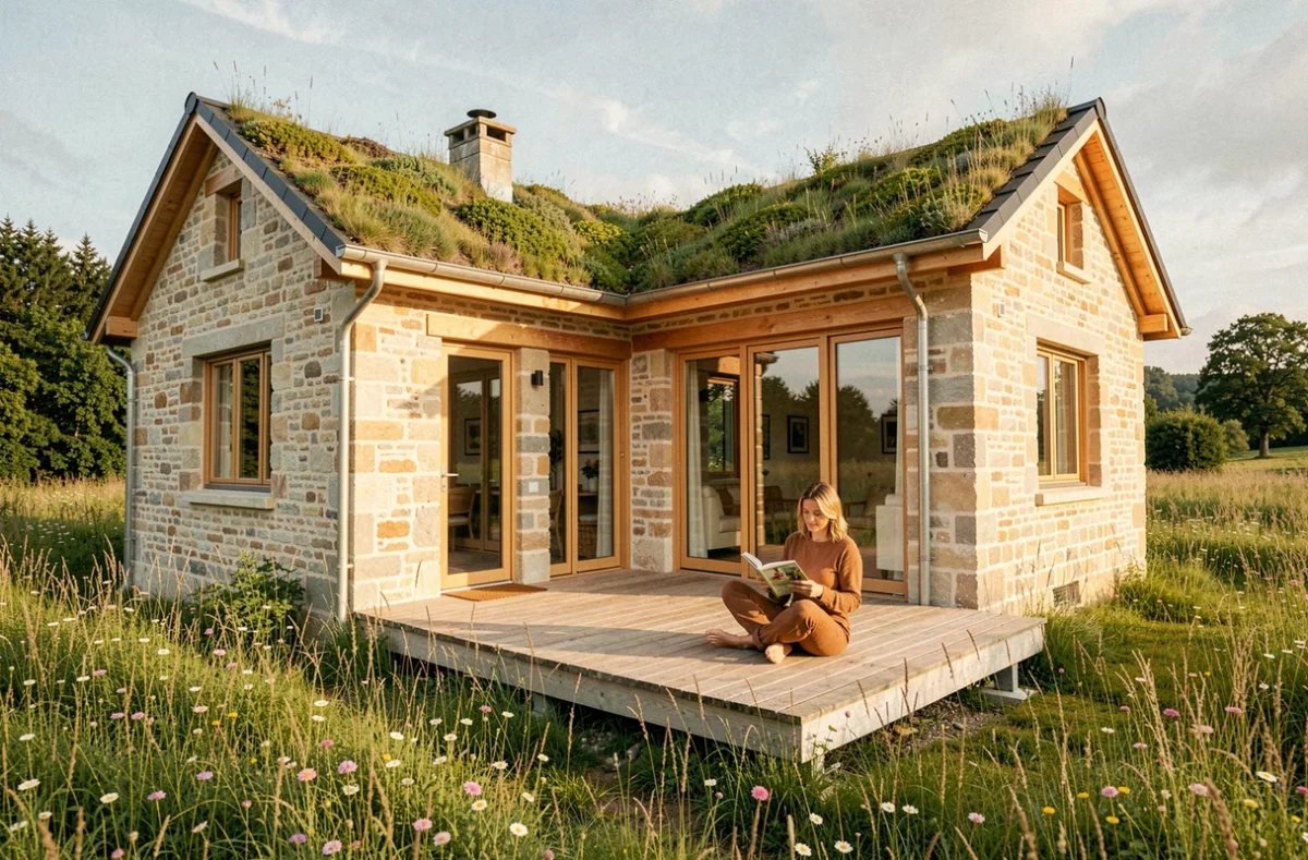 Maison individuelle bioclimatique construite par Maisons Crisalis dans le Bas-Rhin avec toit végétalisé et matériaux naturels