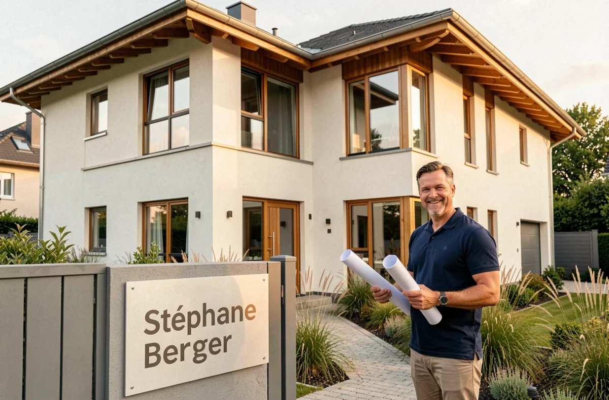 Maison individuelle neuve construite par Maisons Stéphane Berger en Alsace avec façade contemporaine et jardin aménagé