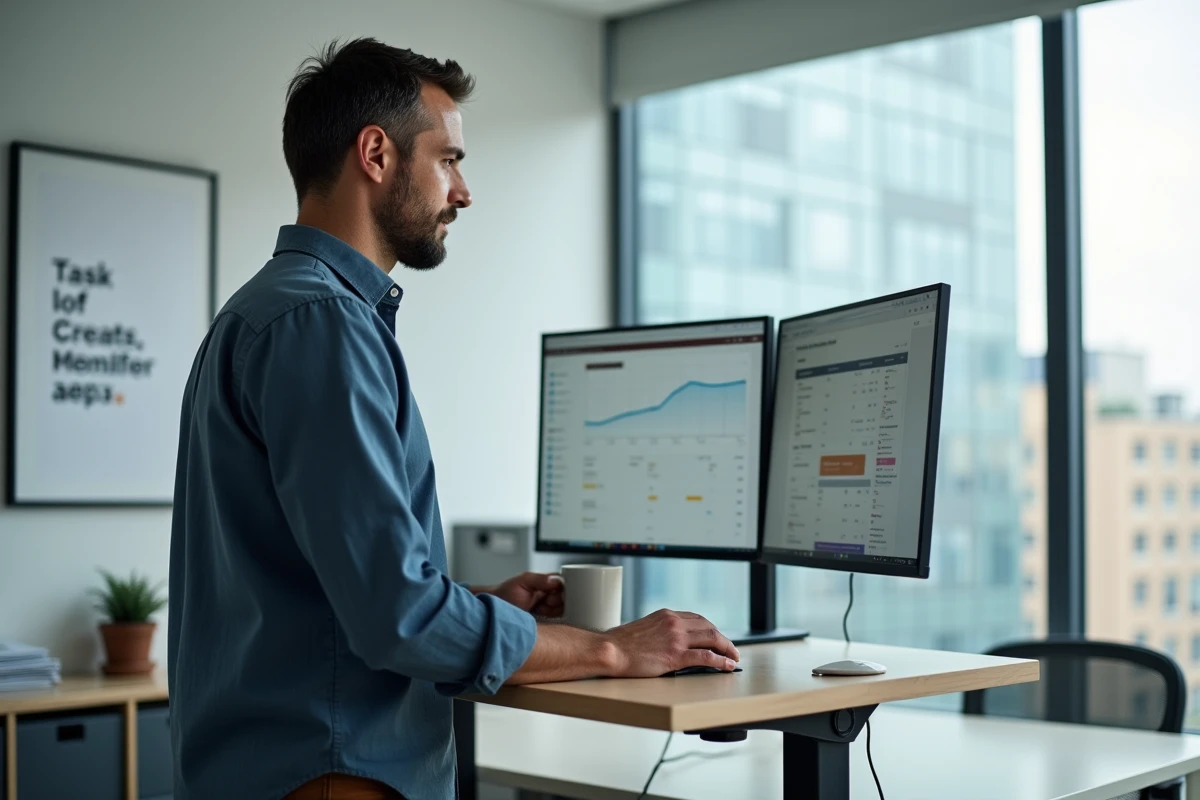 Manager debout à son bureau double écran consultant un intranet d'entreprise pour gérer ses tâches quotidiennes