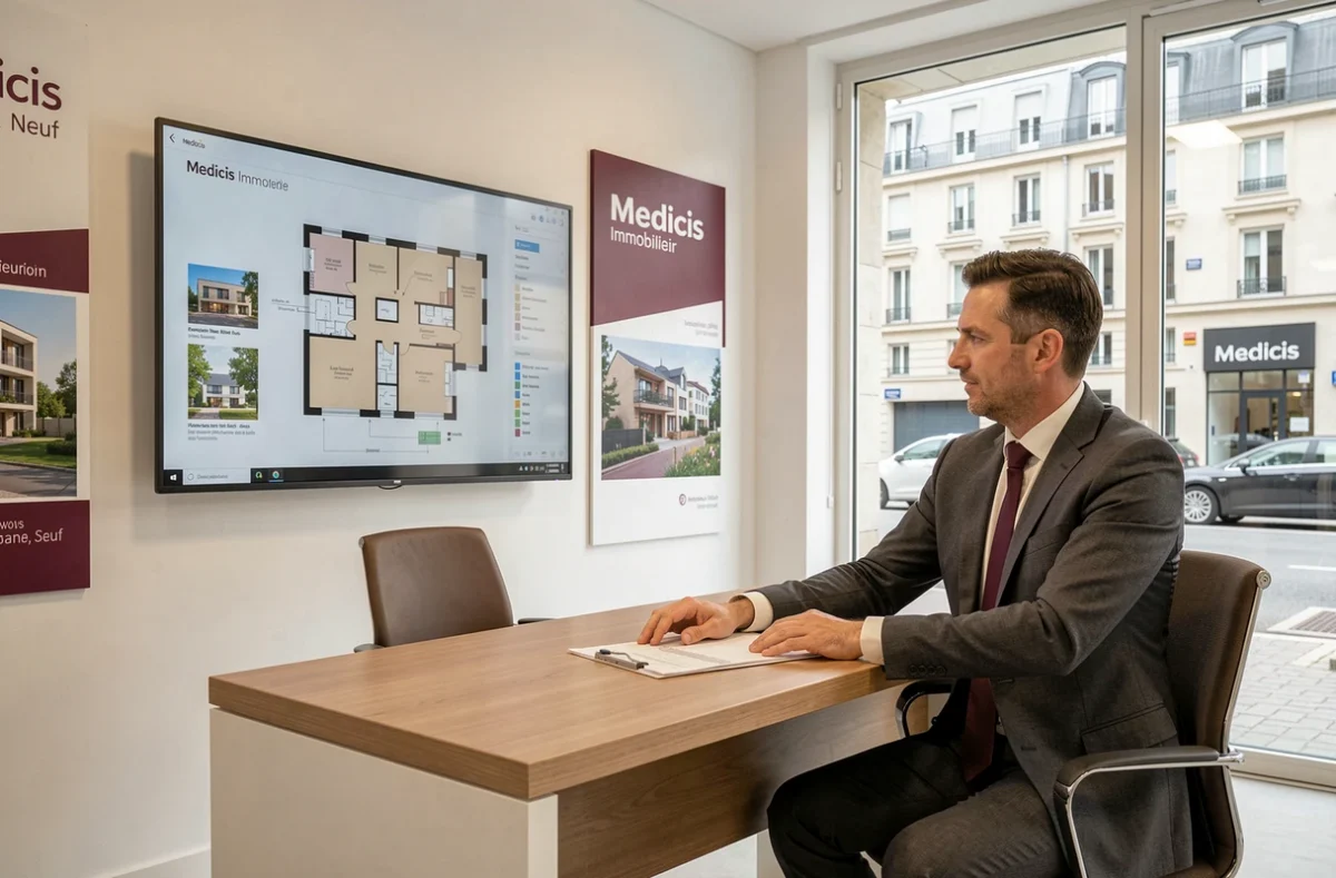 Conseiller commercial de Medicis Immobilier Neuf présentant un plan d'appartement neuf sur écran tactile à un couple dans un bureau de vente moderne