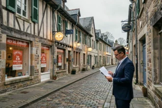 Vue d'ensemble d'une rue normande du Calvados avec des agences immobilières et un agent consultant sa tablette
