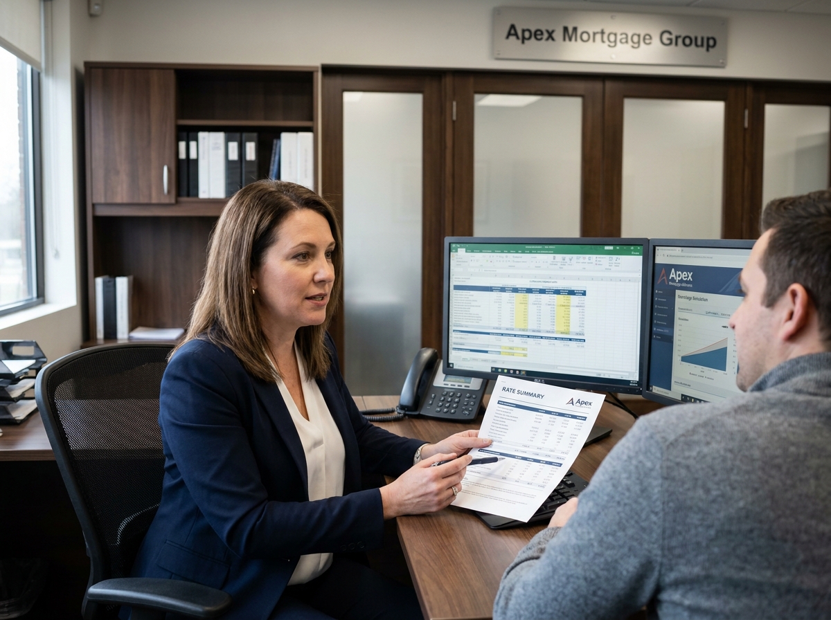 Une conseillère Meilleurtaux présente une simulation de prêt immobilier sur double écran à un client en agence