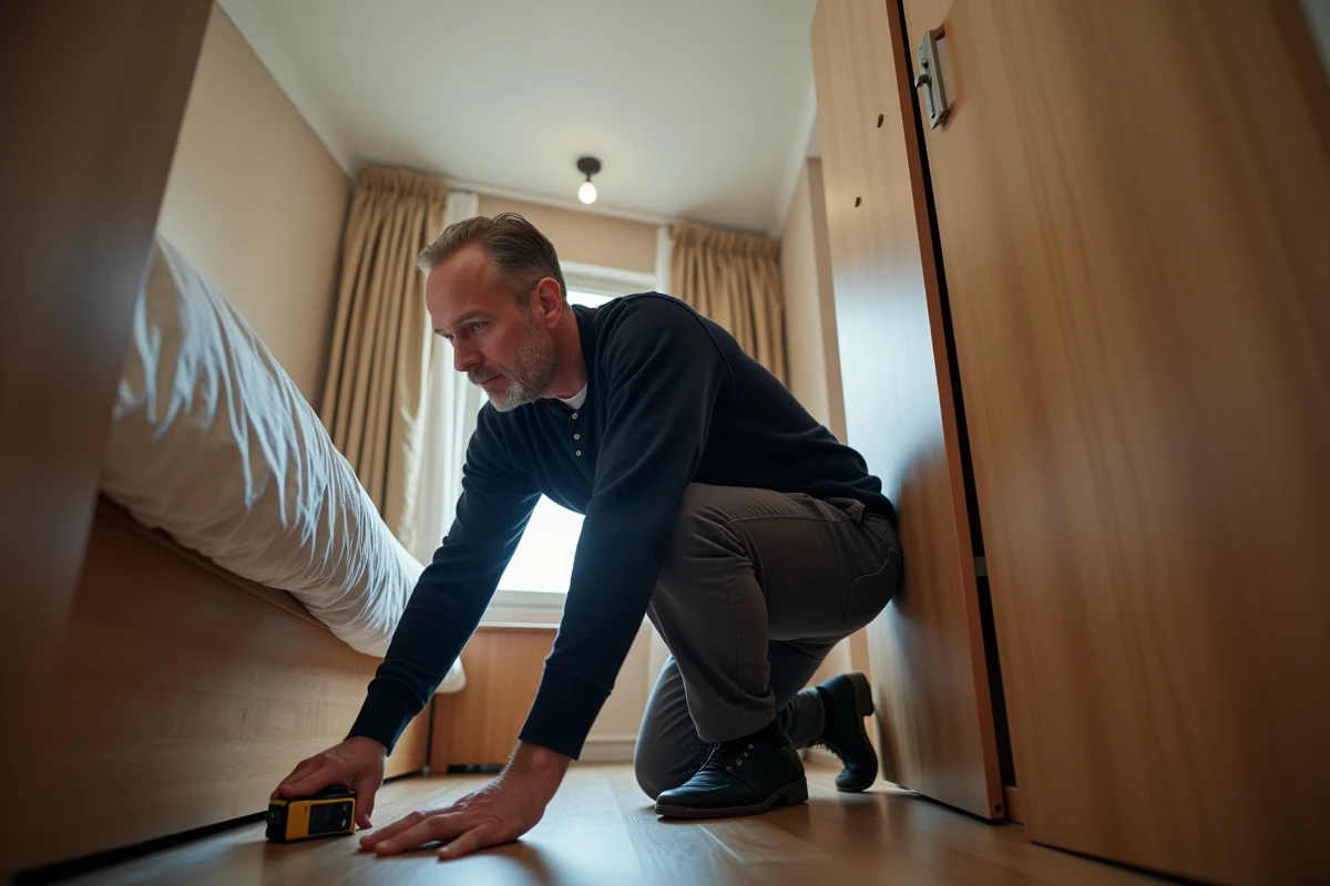 Propriétaire mesurant la surface d'une petite chambre meublée avec un télémètre laser