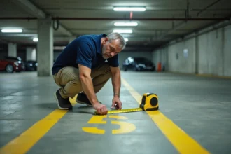 Ingénieur mesurant la largeur d'une place de parking souterrain avec un mètre ruban professionnel pour vérifier la conformité des dimensions
