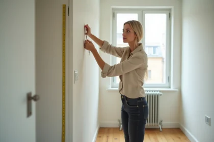 Femme mesurant la superficie d'une petite chambre de location avec un mètre ruban jaune