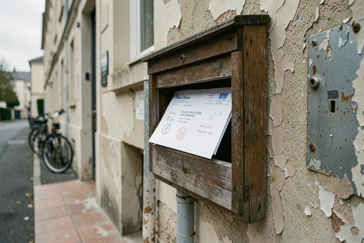 Enveloppe officielle de mise en demeure pour loyers impayés dans une boîte aux lettres d'immeuble résidentiel