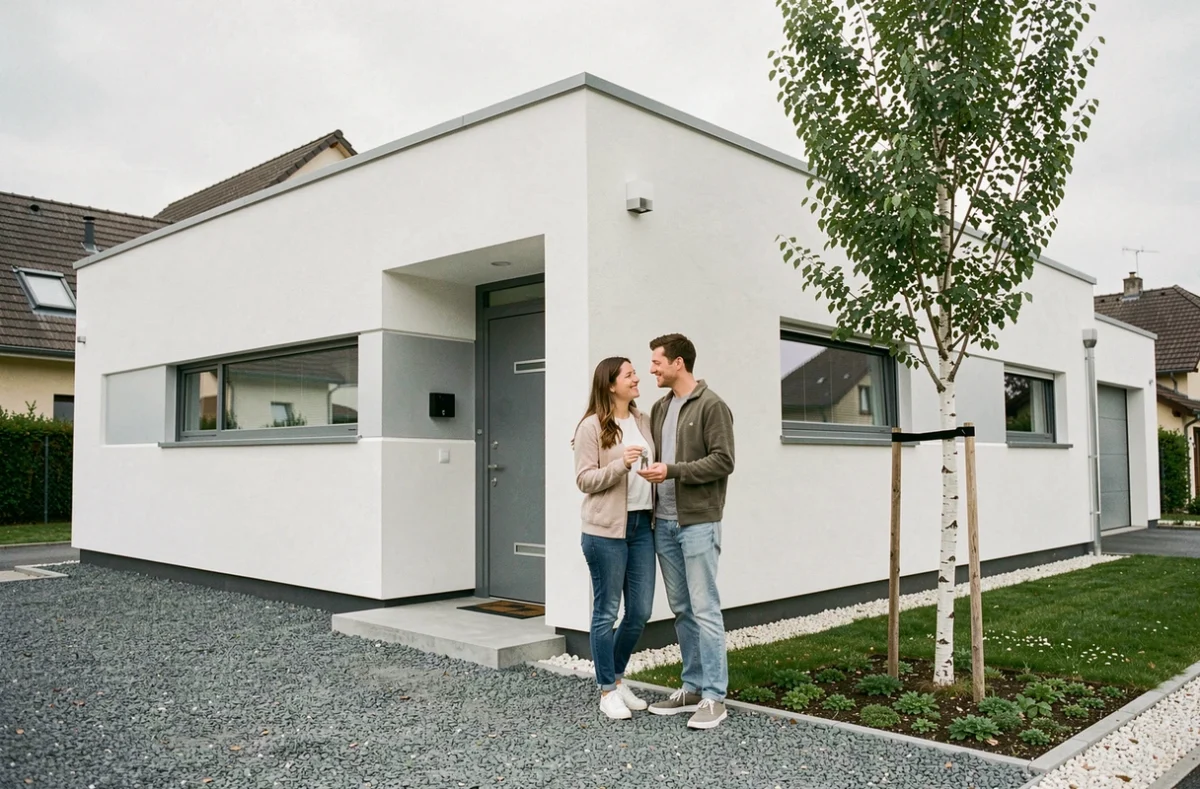 Maison individuelle contemporaine construite par Muc Habitat dans le Bas-Rhin avec façade blanche épurée et garage intégré