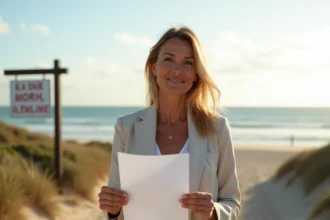 Femme tenant des documents immobiliers devant un terrain à vendre en bord de mer avec panneau d'agence