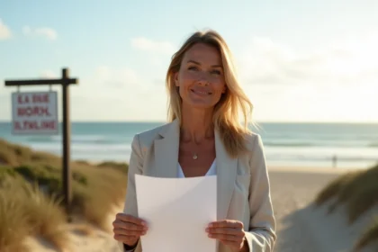 Femme tenant des documents immobiliers devant un terrain à vendre en bord de mer avec panneau d'agence