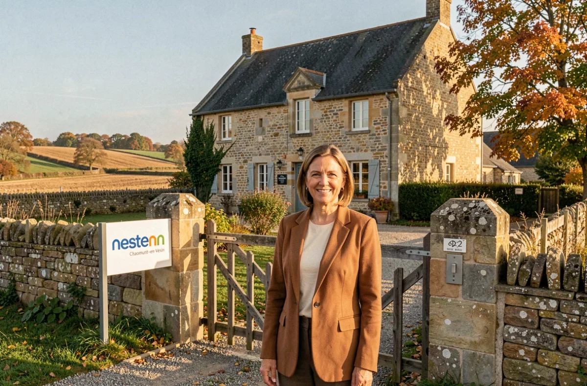 Une agente Nestenn devant une maison en pierre à Chaumont-en-Vexin avec le paysage du Vexin en arrière-plan