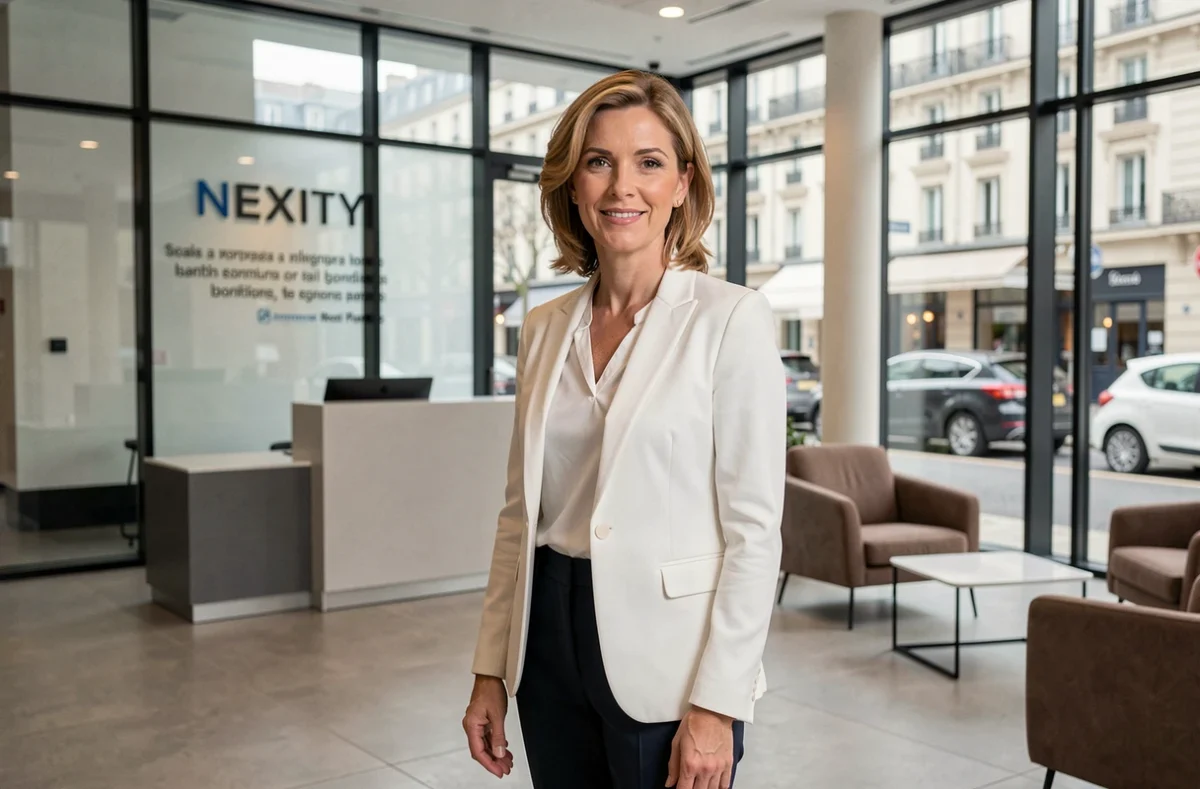 Conseillère immobilière en blazer blanc dans le hall moderne d'une agence Nexity avec signalétique de marque visible en arrière-plan