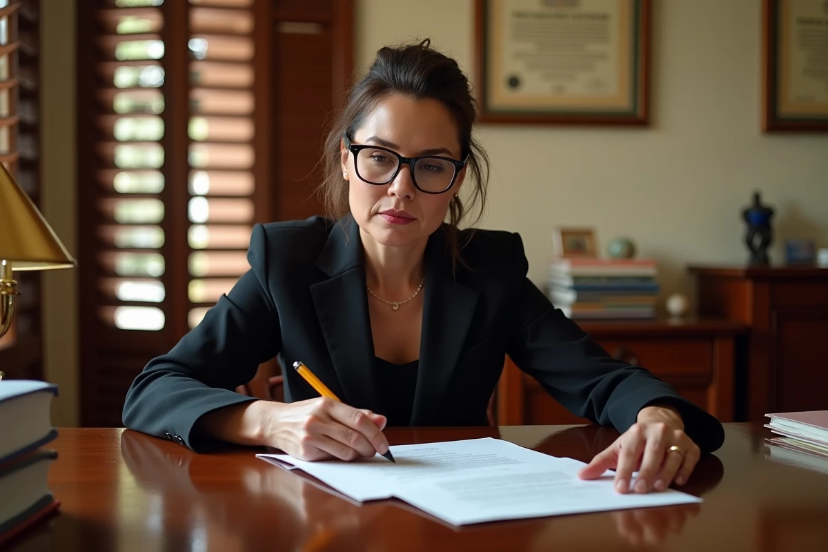 Notaire mauricienne révisant un contrat de vente immobilière dans un bureau juridique à Port-Louis