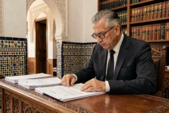 Notaire marocain examinant des documents juridiques pour l'achat d'un riad à Marrakech dans un bureau traditionnel orné de zellige