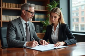 Notaire en costume gris explique documents à une jeune femme