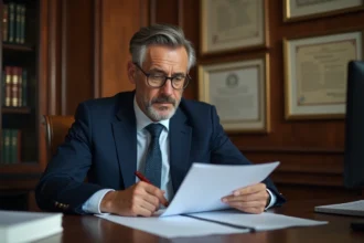 Notaire en costume bleu examinant un document immobilier