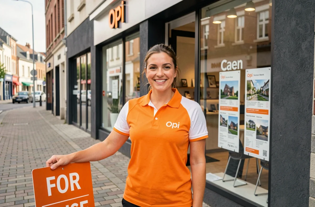 Agente Orpi Caen en polo de marque devant la vitrine de l'agence avec des annonces immobilières