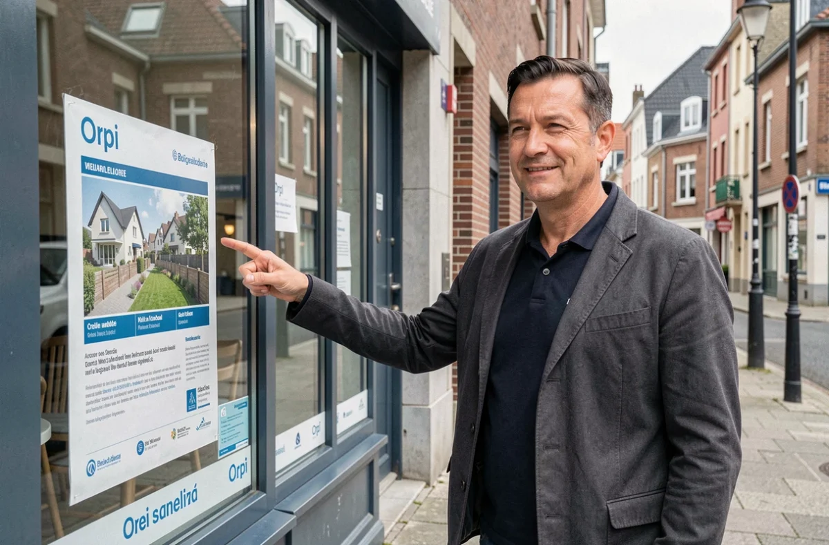 Un agent Orpi devant la vitrine de l'agence de Creil avec des annonces immobilières affichées