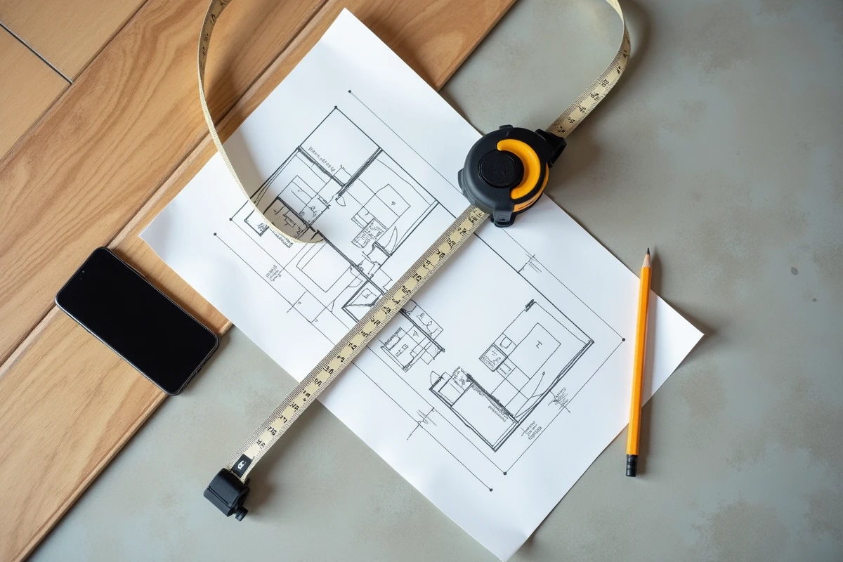 Vue aérienne d'un mètre ruban, plan de chambre et smartphone pour calculer la surface locative
