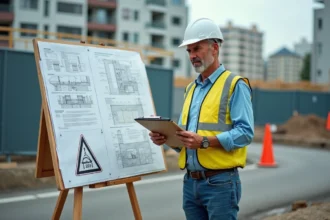 Ouvrier de chantier avec panneau d'affichage de sécurité