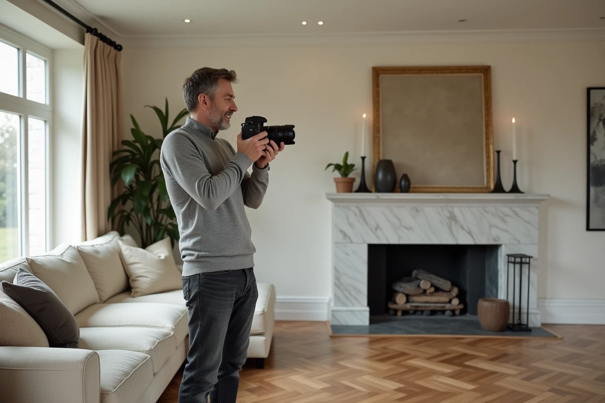 Photographe prenant des photos professionnelles d'un intérieur pour une annonce immobilière