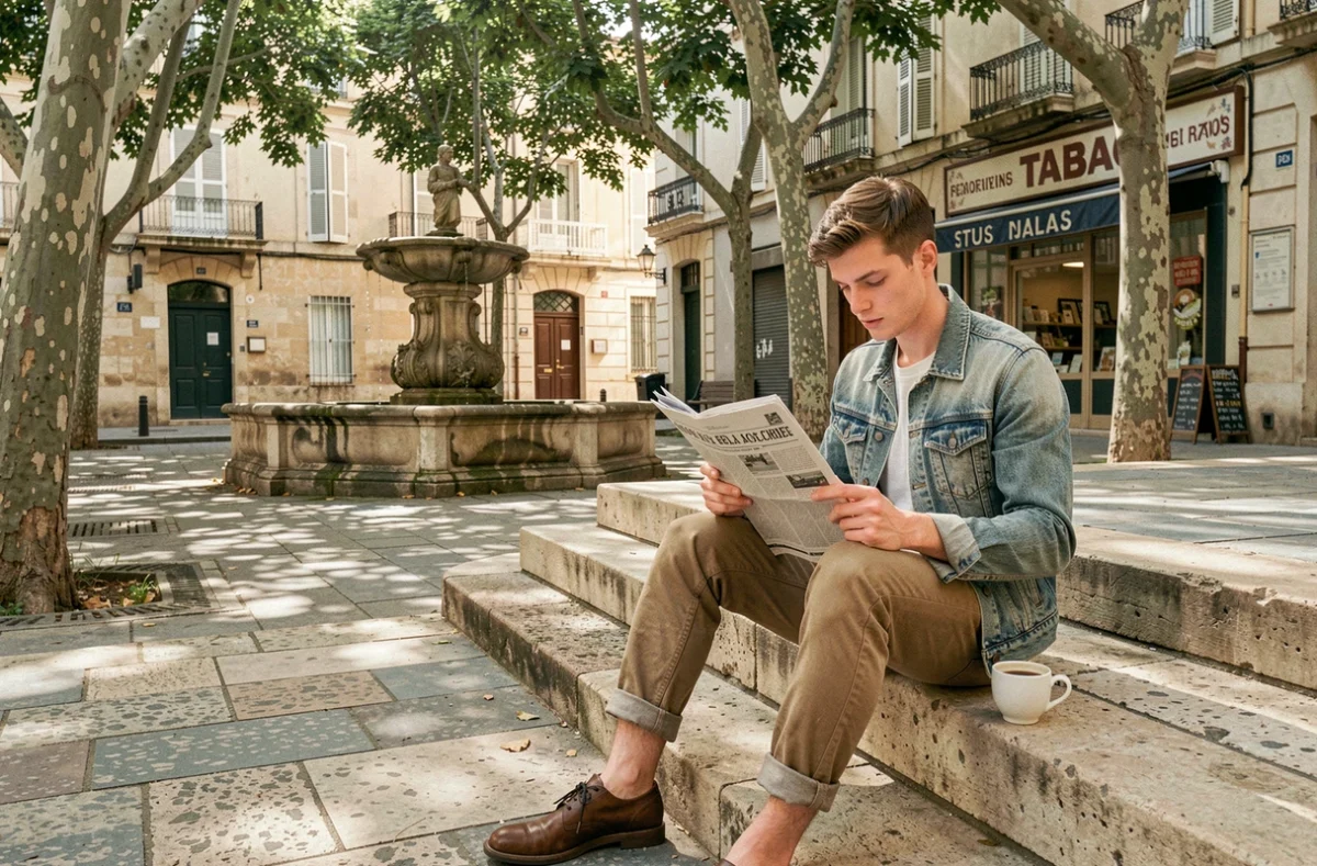 Homme lisant un journal sur les marches d'une place tranquille dans un arrondissement résidentiel de Marseille