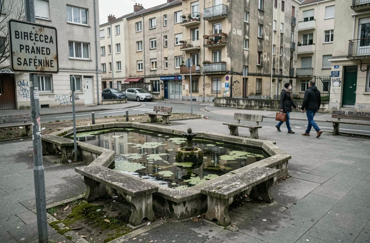 Place publique vieillissante dans un quartier populaire avec logements sociaux en arrière-plan à La Roche-sur-Yon