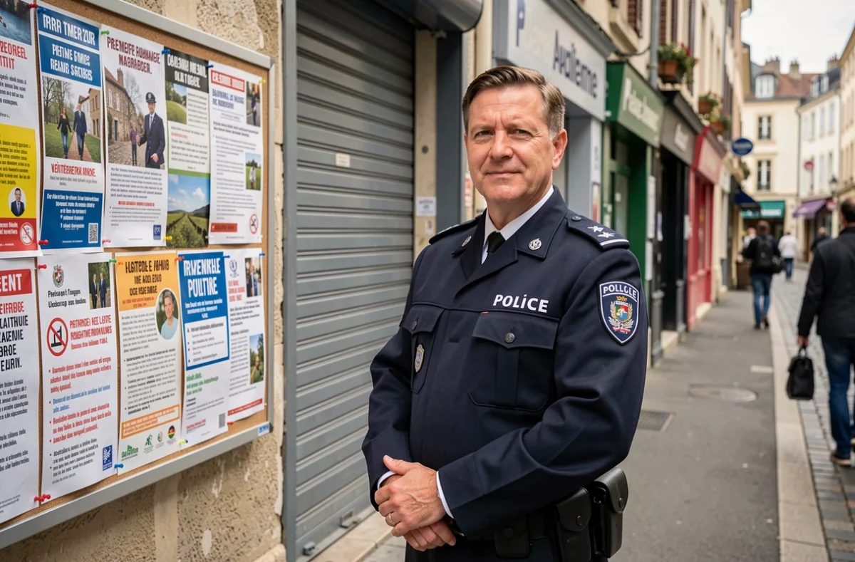 Agent de police municipale devant un panneau d'affichage communautaire dans une rue commerçante de La Roche-sur-Yon