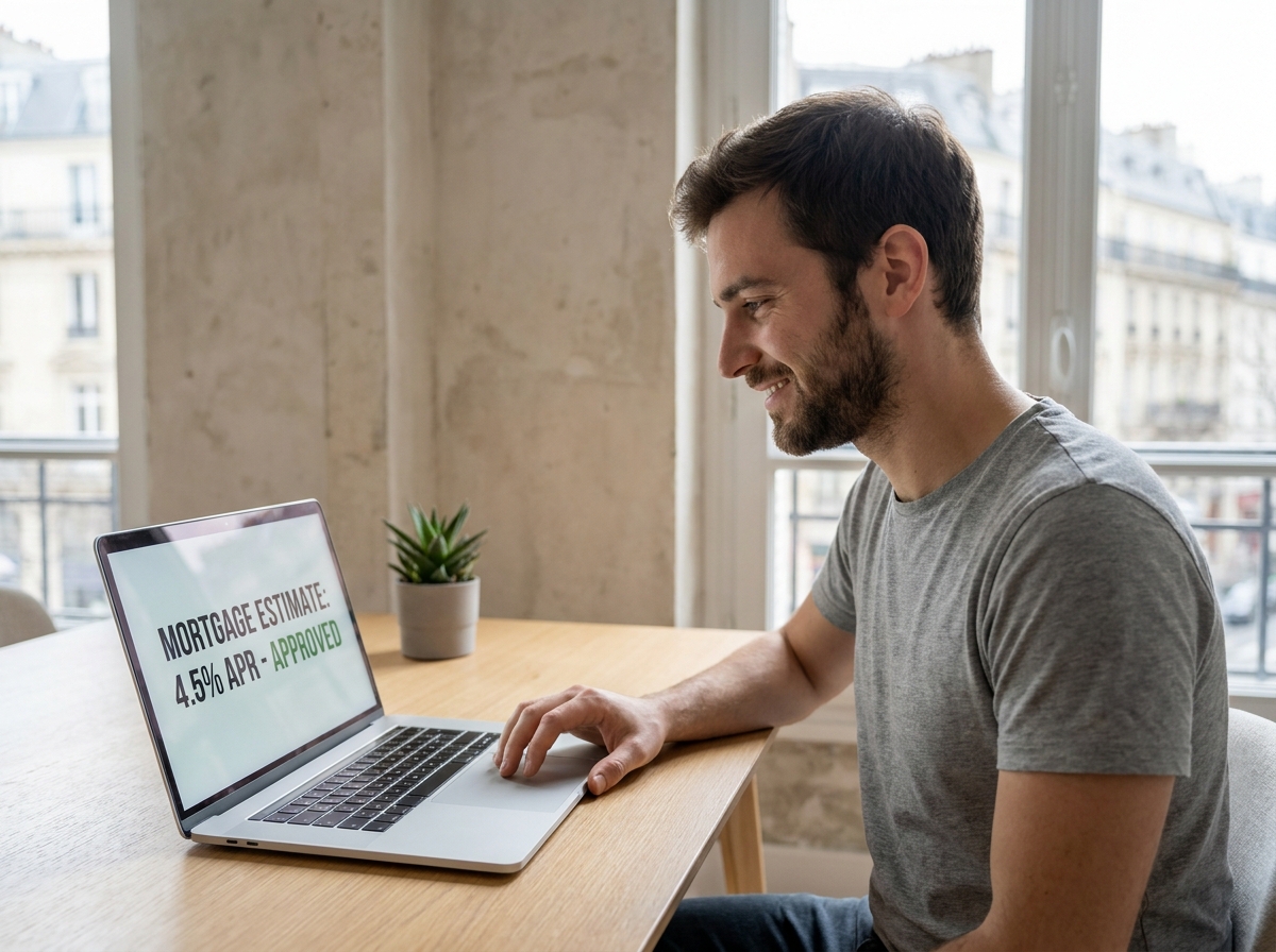 Un jeune homme utilise la plateforme digitale Pretto pour obtenir une estimation de taux immobilier instantanée depuis chez lui