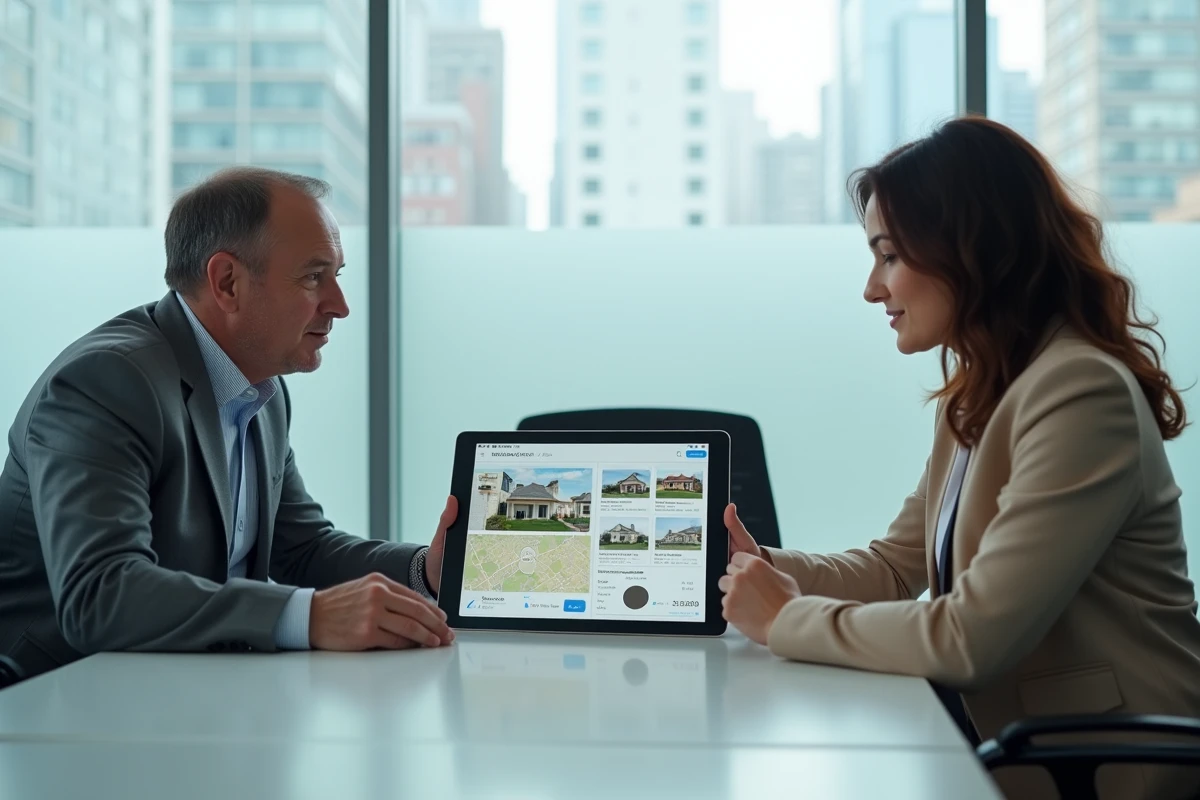 Deux professionnels de l'immobilier analysant un logiciel de gestion immobilière sur tablette en salle de réunion