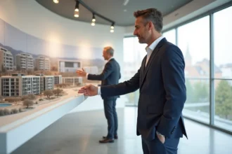 Promoteur immobilier présentant une maquette d'un programme PSLA à Toulouse dans un bureau commercial moderne