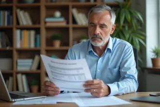Propriétaire prudent examinant des documents d'assurance loyer impayé à son bureau à domicile
