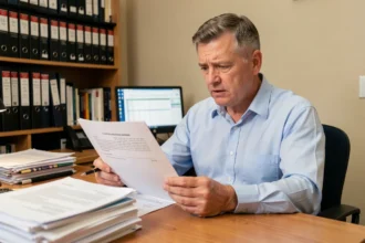 Propriétaire bailleur examinant un contrat de location avec une expression préoccupée dans un bureau à domicile
