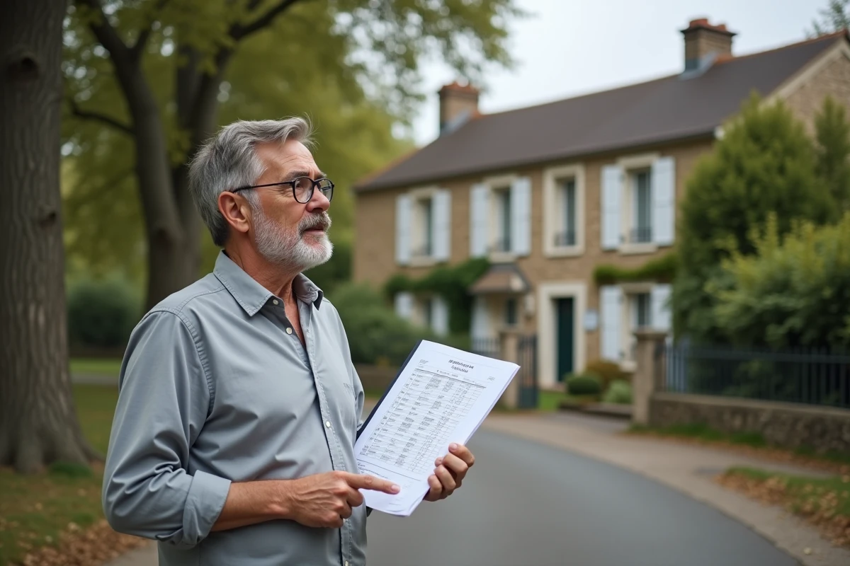Propriétaire tenant une fiche d'estimation devant une maison en pierre lors d'une évaluation immobilière