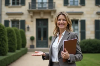Propriétaire présentant sa maison bourgeoise à un potentiel locataire pour un tournage de film