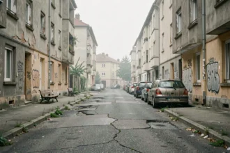 Rue résidentielle dégradée dans un quartier défavorisé de La Roche-sur-Yon avec immeubles vieillissants et graffitis