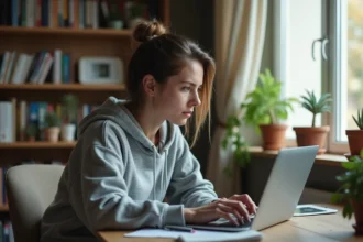 Jeune femme recherchant une adresse en ligne sur son ordinateur portable depuis un bureau à domicile