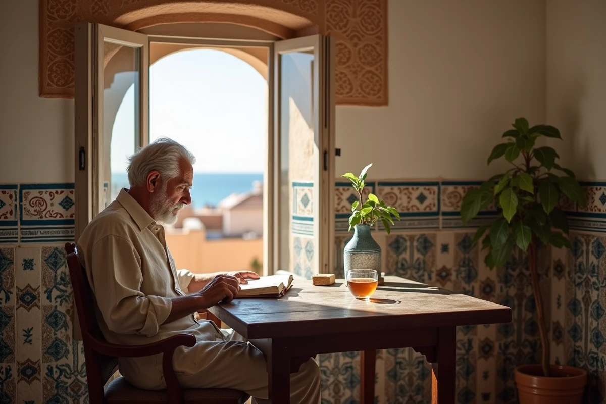 Retraité expatrié lisant dans un appartement marocain en location longue durée à Essaouira
