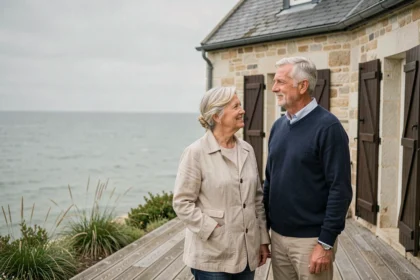Couple de retraités sur la terrasse d'une maison en pierre normande avec vue sur la mer
