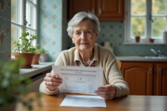 Une retraitée souriante tient un document fiscal dans la cuisine