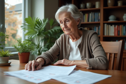 Femme retraitée lit des papiers d'impots à la maison
