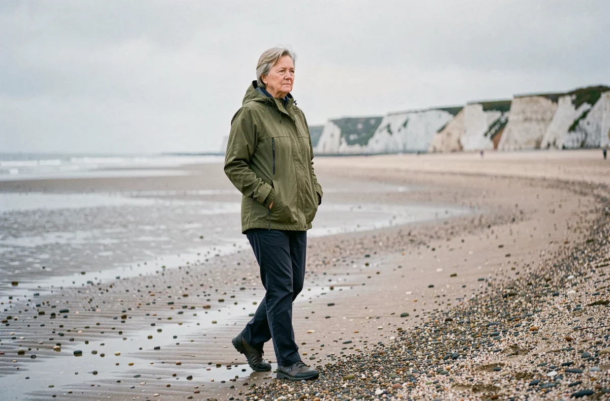 Femme retraitée se promenant seule sur une plage de galets en Normandie sous un ciel nuageux