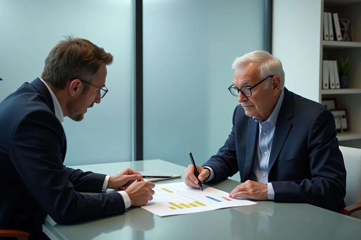 Retraité en réunion avec un conseiller financier pour discuter de la fiscalité d'une rente viagère en 2026