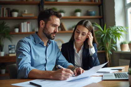 Homme et femme discutant de documents dans un bureau moderne