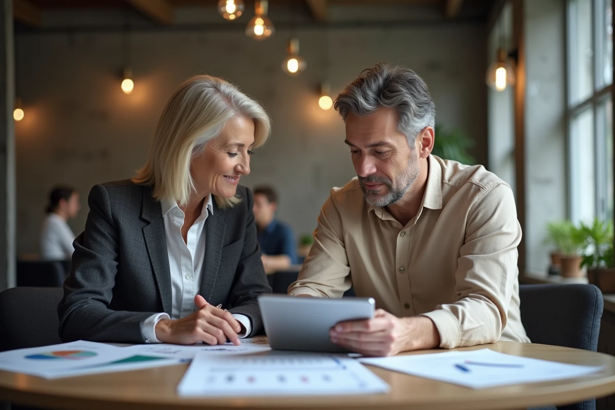 Deux professionnels de l'immobilier analysant des rapports de gestion locative sur tablette et documents imprimés en espace de coworking